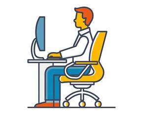 A man is sitting at a desk with a computer monitor and keyboard in front of him