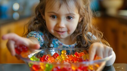 A child reaching out to grab a handful of gummy bears from a bowl, their eyes sparkling with excitement and anticipation.