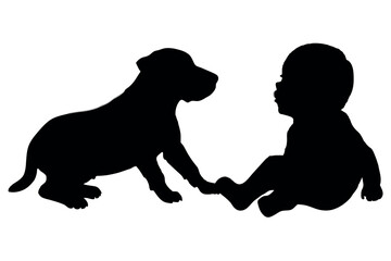 A Baby play with pet dog, they are close each other and enjoy the moment vector silhouette