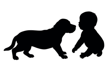 A Baby play with pet dog, they are close each other and enjoy the moment vector silhouette