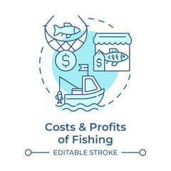 Costs and profits of fishing soft blue concept icon. Fisheries management, sustainability. Round shape line illustration. Abstract idea. Graphic design. Easy to use in infographic, presentation