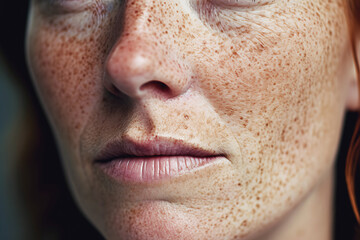 Mature woman face highlighted by freckles closeup. Portrait shows genuine characteristics of redhead accentuating lips symbolizing essence of individuality