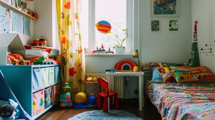 A child's bedroom decorated with colorful bedding, toys neatly arranged, and a small desk for studying.