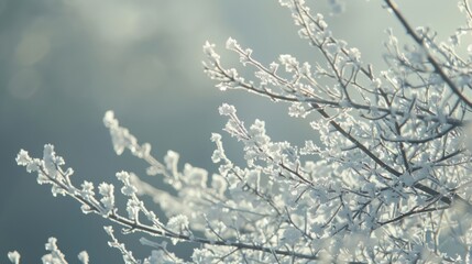 Delicate branches coated in feathery hoar frost creating an ethereal white forest.