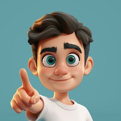 Cartoon Character 3D Character of a Boy Pointing His Finger While Wearing a Blue T-shirt on a White Background