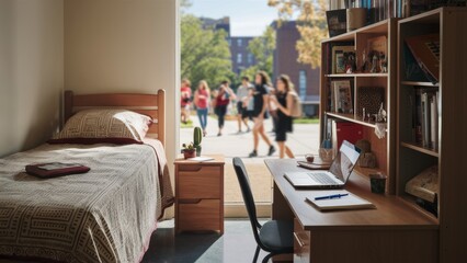 A bedroom with a desk and bed in it, people walking by outside, AI