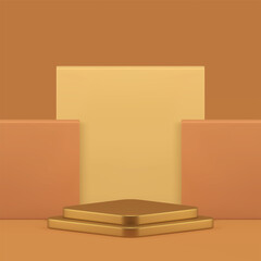 Golden 3d rhombus podium pedestal with beige geometric wall background realistic vector