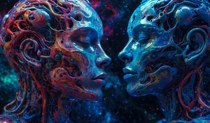 Obraz premium male and female cybernetic robots kissing passionately with circuits superheated by love