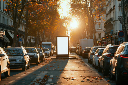 A city street packed with numerous parked cars, creating a crowded urban scene. Mockup template for design print