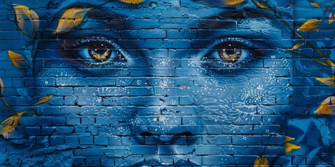 a vibrant street art mural on a brick wall, featuring a blue color palette. The image captures the essence of urban creativity and expression