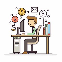 A man is sitting at a desk with a computer and a stack of books