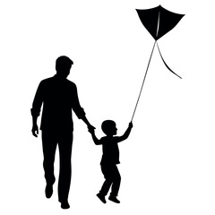 A man Play with child with kite vector silhouette, a child play the kite on the sky vector silhouette