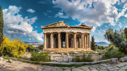 A panoramic view of the majestic Temple of Hephaestus,  a well-preserved Doric temple in Athens