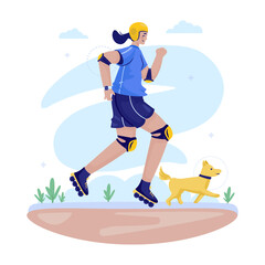 Flat design of a happy girl play roller skating with her dog
