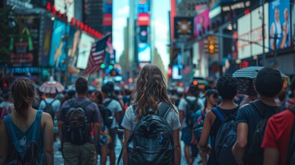 a young girl smiling at the camera while holding the American flag, during a United States Independence Day celebration. Taken from behind the crowd