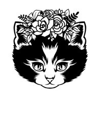 Floral Cat Illustration, Cute Pet Portrait Clipart, Lovely Home Cat Cut File, Flower Animal Head Stencil, Pretty Cat Lover Shirt, Roses