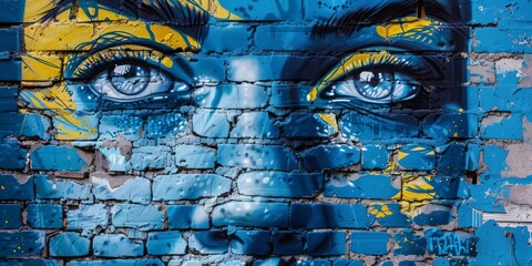 Fototapeta premium a vibrant street art mural on a brick wall, featuring a blue color palette. The image captures the essence of urban creativity and expression