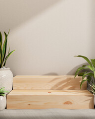 A space for showcasing products on a wooden pedestal, surrounded by potted plants against the wall.