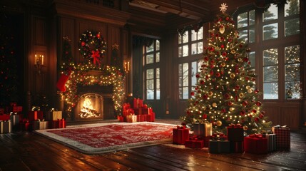 Christmas Tree by the Fireplace with Presents and Decorations