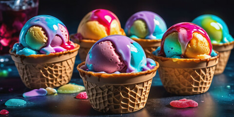 A colorful display of ice cream flavors in various forms. Scoops of ice cream in different colors and textures fill bowls, cones, and waffle cups