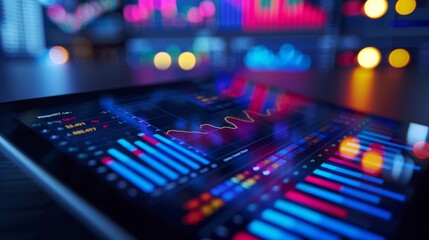 Obraz premium A close-up of a digital tablet showing a business graph, with charts and graphs in the background.