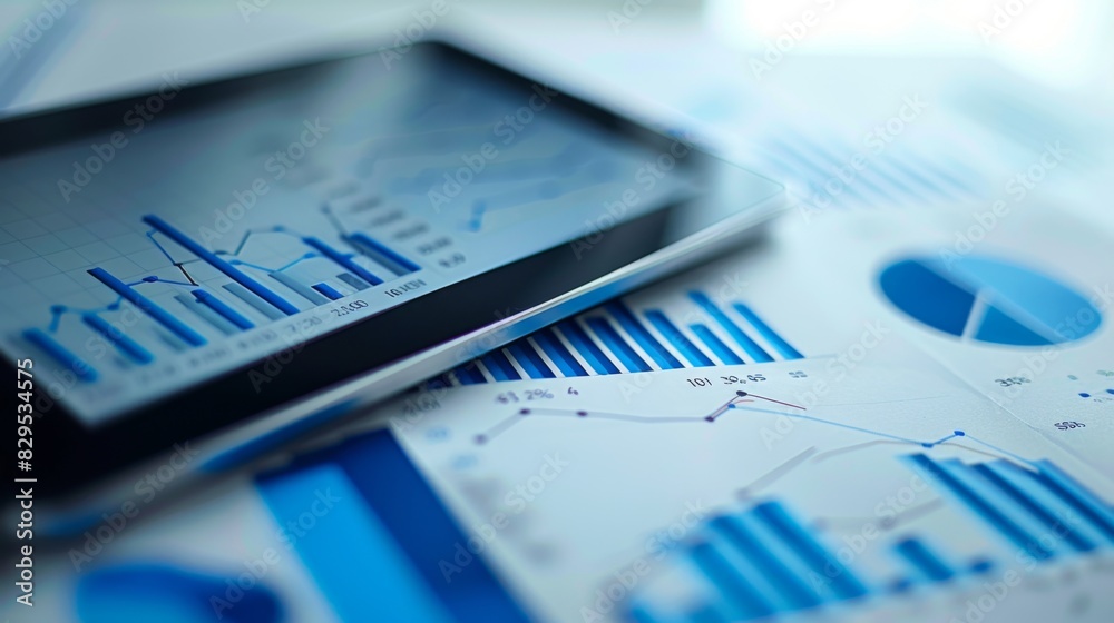 Aufkleber A close-up of a digital tablet showing a business graph, with charts and graphs in the background.