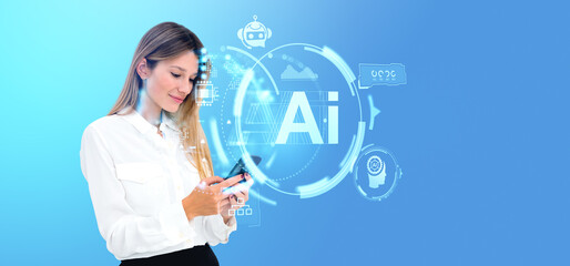 Woman with smartphone in hand, AI social network hologram hud