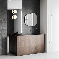 Modern bathroom interior with wooden cabinet, dark tile wall, and unique mirror, light setting, minimalistic design. 3D Rendering © ImageFlow