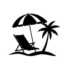 A Dock chair with a umbrella on the sea beach vector silhouette white background