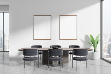 Office interior with a conference table, six chairs, and two blank posters on a white wall, with cityscape visible through windows. Minimalist design concept. 3D Rendering