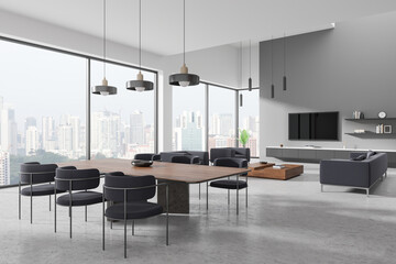 Home living room interior with eating and resting zone, panoramic window