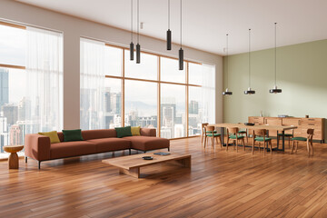 Green home living room interior with relaxing and dining zone, panoramic window