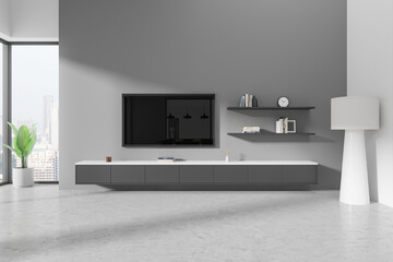 Home living room interior with tv screen, sideboard with panoramic window