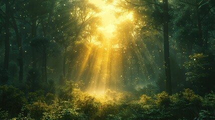 An illustration of a golden light shining through a forest.