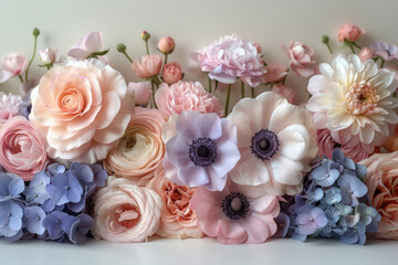 Soft pastel flowers delicately placed on a cream background