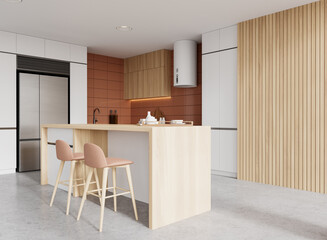 Stylish home kitchen interior with bar island and seats, shelves and fridge
