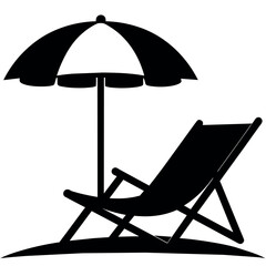 A Dock chair with a umbrella on the sea beach vector silhouette white background