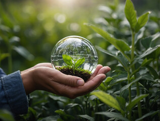 Hands protecting globe of green tree on tropical nature Green background, Ecology and Environment concept