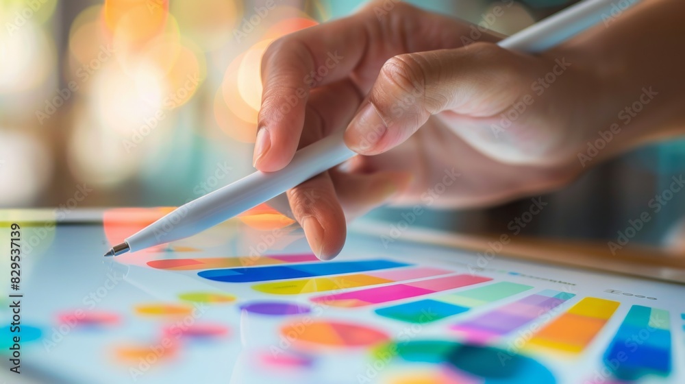 Poster a close-up of a hand holding a pen, analyzing a colorful business graph on a tablet screen.