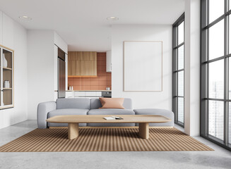 White studio interior with relaxing and cooking space, window and mockup frame