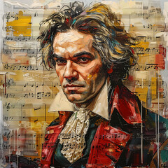 Expressive portrait of beethoven marked by vibrant paint brushstrokes, capturing the composer's intense emotion and creative spirit