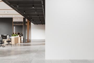 Office interior with empty white wall on the right, modern furniture and decor, light setting,...