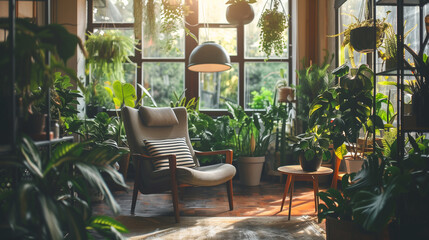 Fototapeta premium Cozy Living Room with Indoor Plants and Sunlight