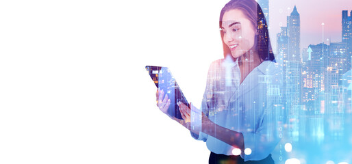 Businesswoman with tablet, smart city and digital connection. Copy space