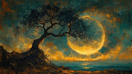 A conceptual painting of a tree with branches forming a circle of light.