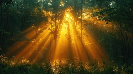 Obraz premium An image of a golden light shining through a forest.