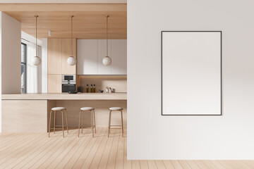 Light home kitchen interior with bar island and cabinet, window. Mock up poster