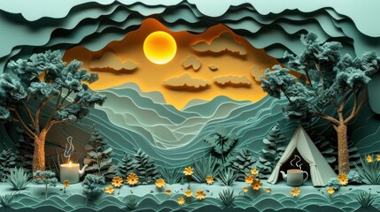 Artistic paper cut of a forest campsite with a cozy coffee nook beside a tent