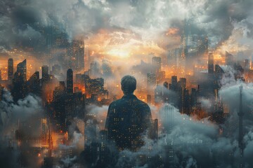 An individual stands looking over a sprawling dystopian cityscape with dynamic sky and dramatic lighting