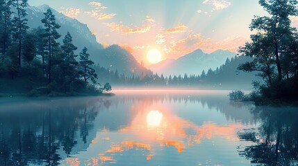 A digital illustration of a tranquil lake with a radiant reflection.
